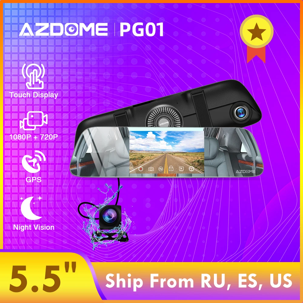 AZDOME PG01 супер ночного видения зеркало видео рекордер двойной объектив HD 1080P+ 720P видеорегистратор 5," ips сенсорный экран заднего вида DVR