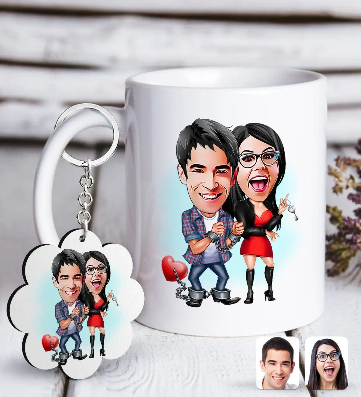 

Personalized Valentine Caricature Of White mug And Keychain Gift Seti-1
