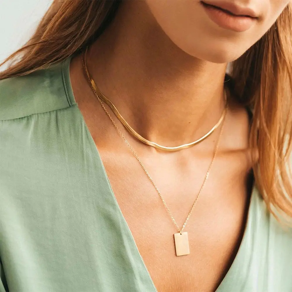

SUNIBI Layered Women's Stainless Steel Jewelry Snake Chain Choker Square Pendant Necklace for Girls Fashion Necklaces 2022 Woman