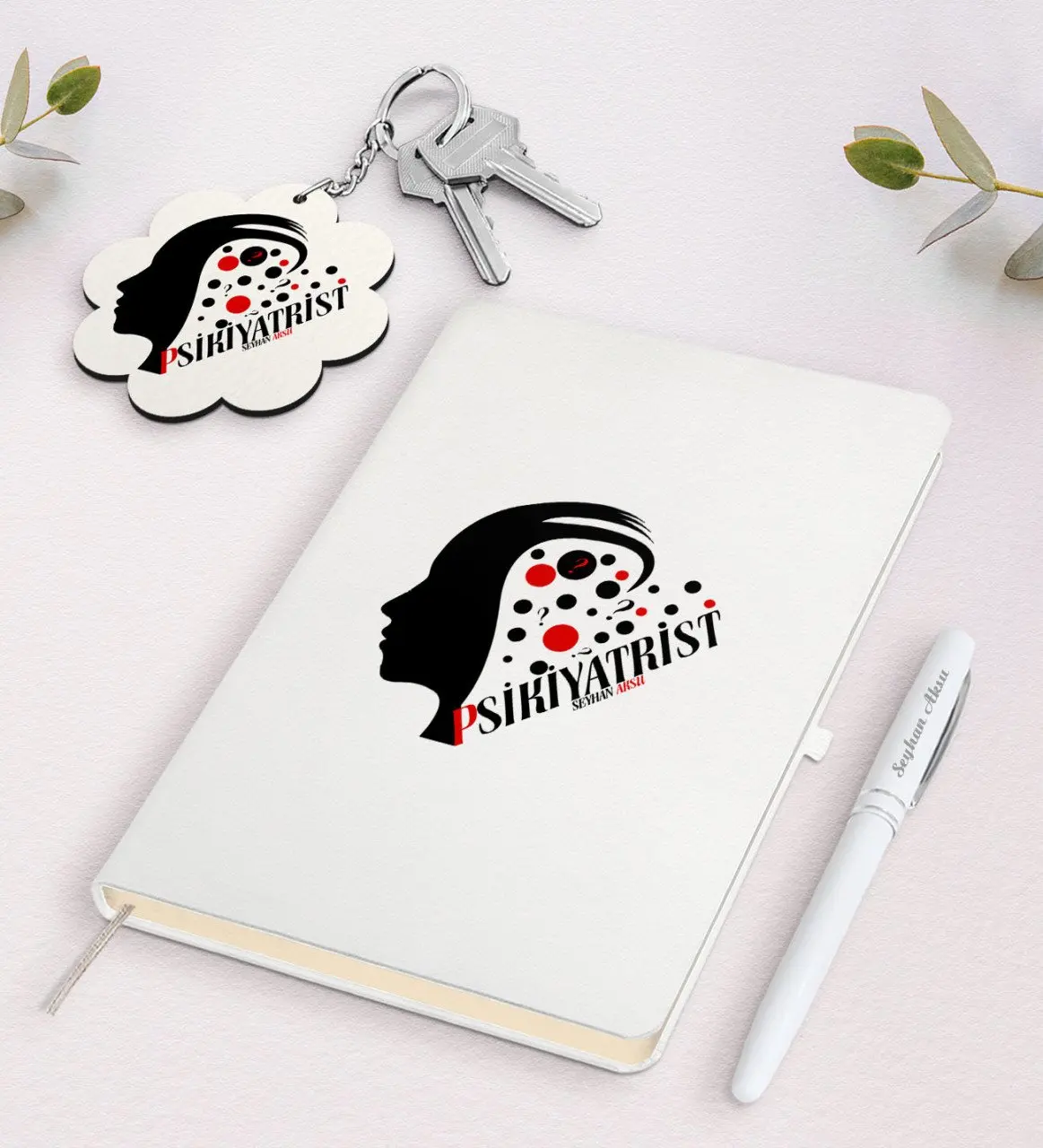 

Personalized Psychiatrist White Notebook Pen and Keychain Gift Seti-3 Reliable Quality Gift Casual Design Moment