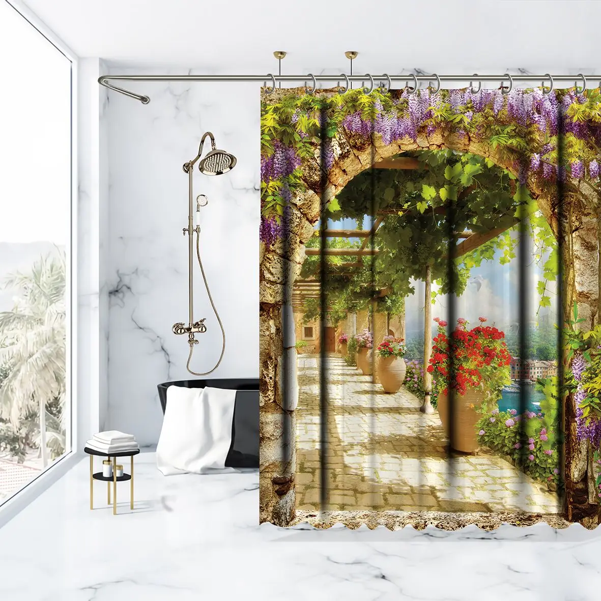 Занавеска для душа вид из арки лилии виноград цветы Риверсайд Терраса Сад