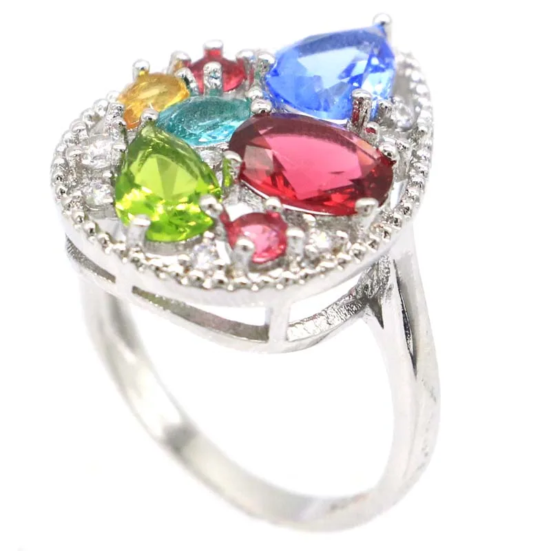 19x11mm Delicate Fine Cut Created Rhodolite Garnet White Bright Cubic Zircon Silver Rings for Women Anniversary Jewelry | Украшения и