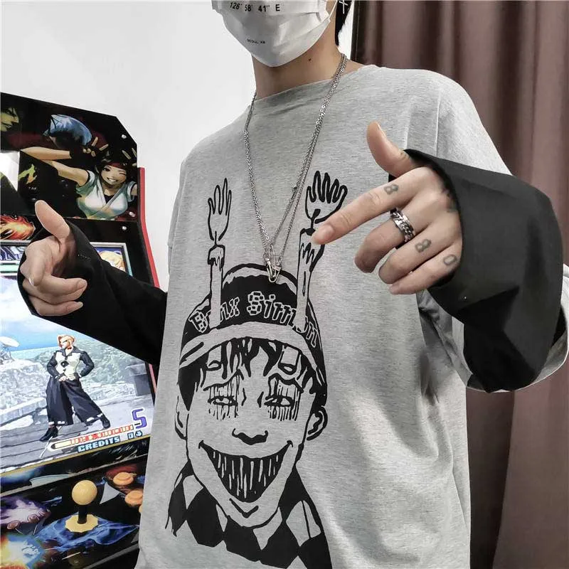 NiceMix Harajuku футболка женская поддельная 2 шт. принт японский Fujiang Ужасы комиксы длинный рукав рубашка Женская Vetement Femme
