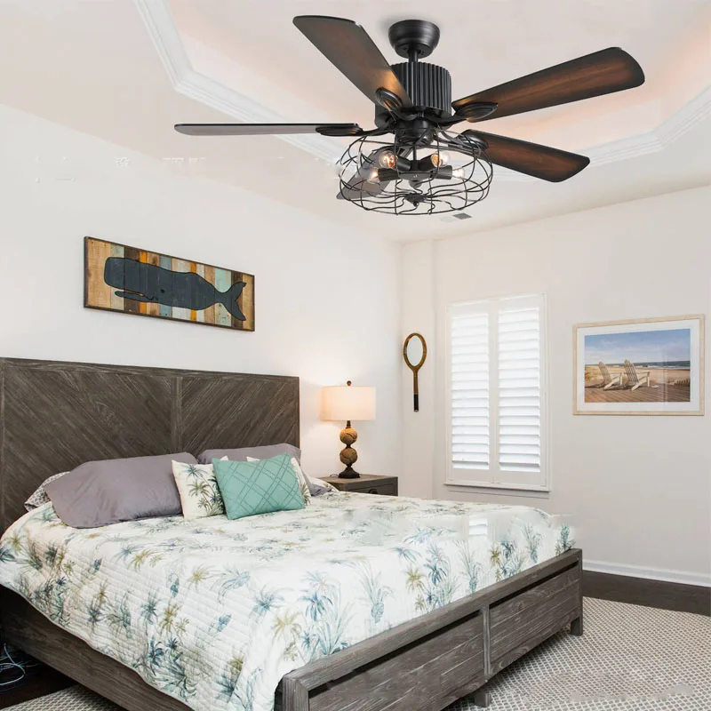 

52" 132CM Big Retro Led Ceiling Fans With Lights Dark Wood+Black Iron Remote Contro 110-240V American Style Design Fans Lighting