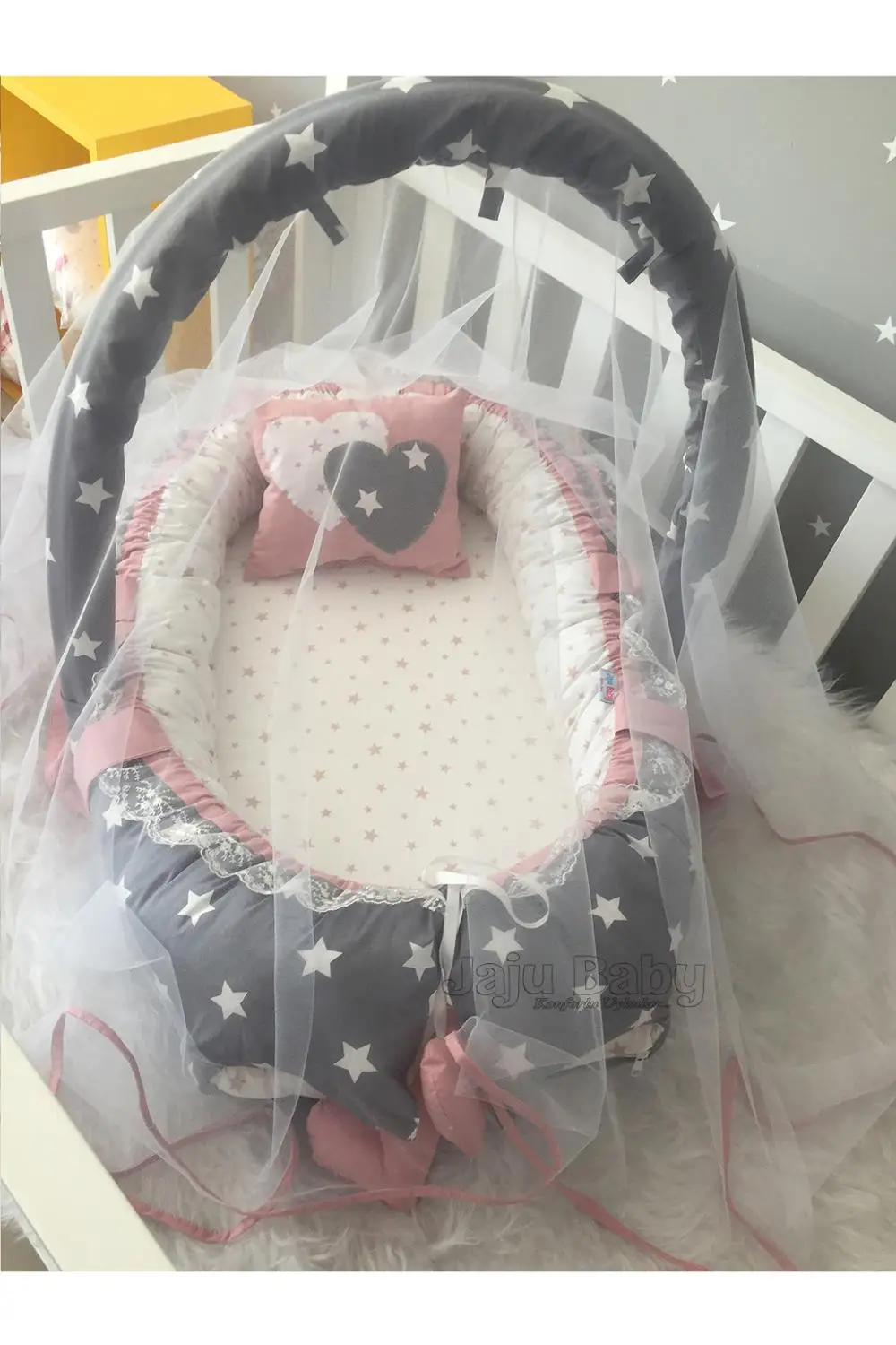 Jaju Babynest Handmade Powder and Gray Star Mosquito Net and ToyApparatus Luxury Design Babynest, Mother Side Portable Baby Bed