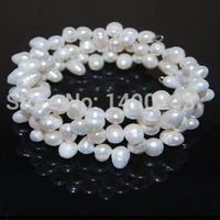 7 5 inches 5 6mm white handmade women natural rice memory wire wrap pearl bracelet