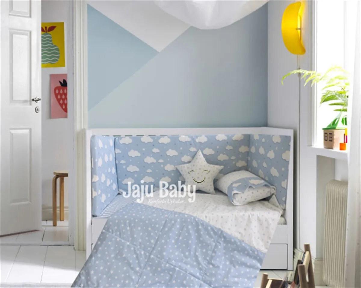 Jaju Baby Handmade, Blue-Cloud Patterned Baby Duvet Cover Set and Edge Protection, Baby Duvet Cover, Baby Bed Sheet,Baby Barrier