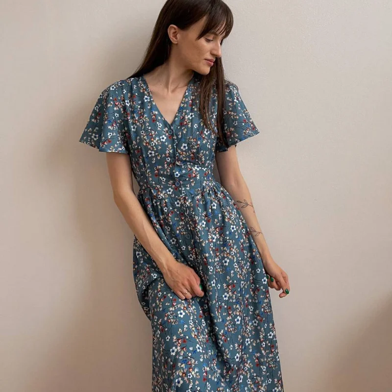 

Summer Dress Women Flower Print V-Neck Sexy Female Vintage French Style Maxi Dresses Vestidos Elegantes Para Mujer 2022