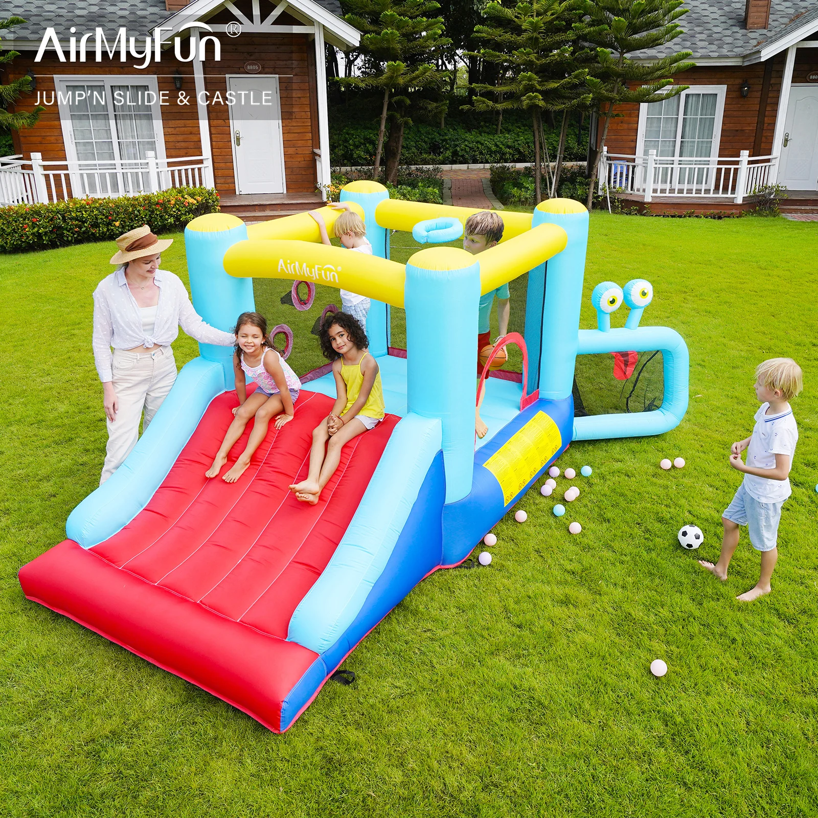 

Inflatable Slide Snails Bouncer Inflatable Trampoline Castles with Football Goal Garden Game Party Air House