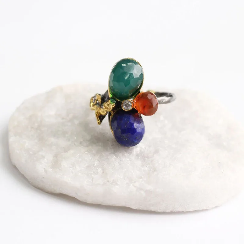 

Blue Lapis Lazuli and Green Orange Zircon Gold Plated Womens Silver Ring, Woman 925 Silver Zircon Handmade Ring, MultiColor