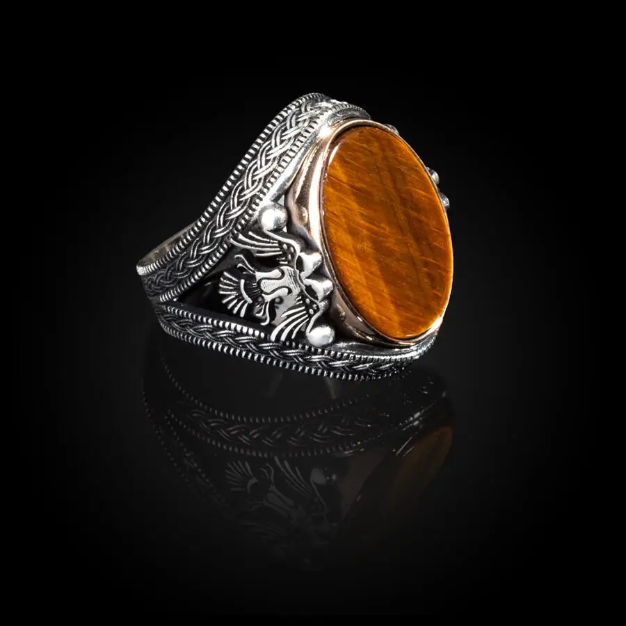 

Double Headed Eagle Motif Tiger Eye Stone Silver Ring Double Headed Eagle Moti Fashion Turkish Premium Quality Handmade Jawelery