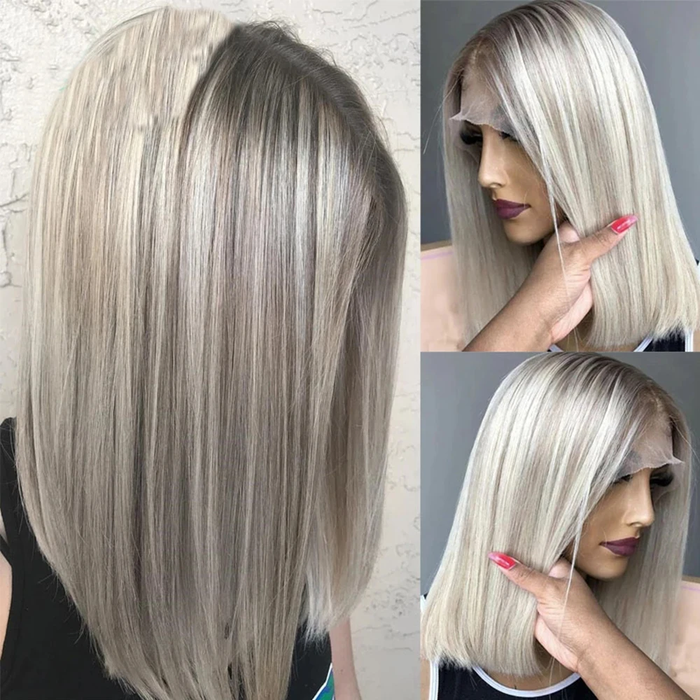 

Ashy Grey Blonde Lace Front Wig Human Hair Short Bob Straight Frontal Wigs Platinum White Highlights Wig Human Hair 150% Density