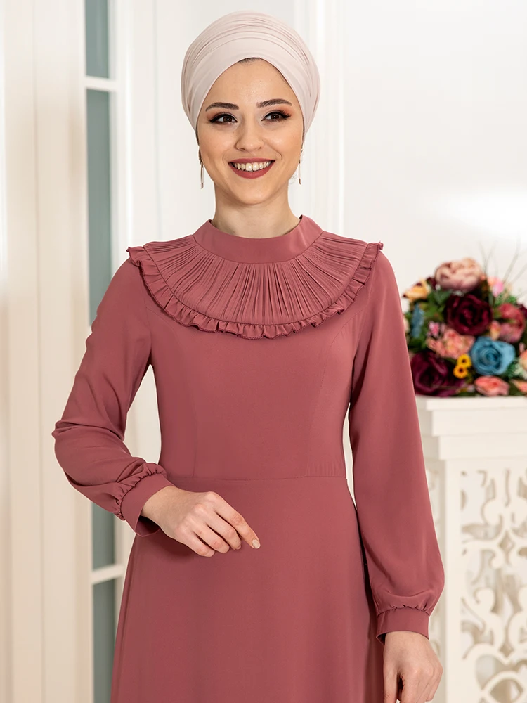 

Women Dress Islamic Muslim Long Hijab Clothing High Quality Lined Summer New Season Modern Turkish Made Ruched Collar Big Size