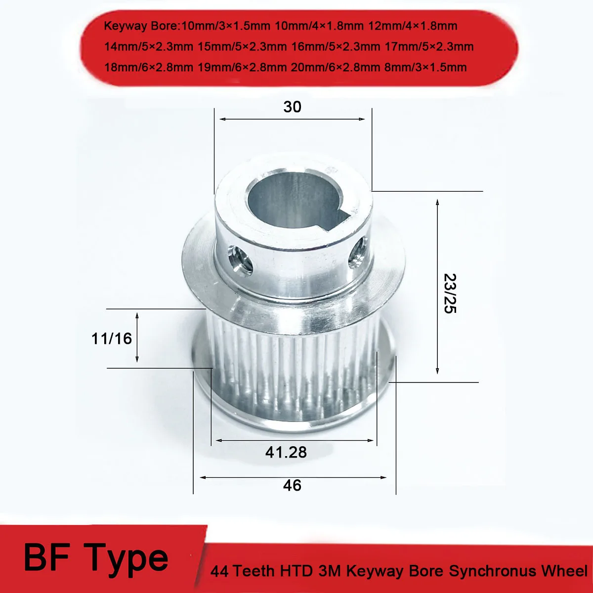 

1Pcs BF Type 44 Teeth HTD 3M Aluminium Timing Pulley 8 - 20mm Keyway Bore Synchronus Wheel For Width 10/15mm Timing Belt