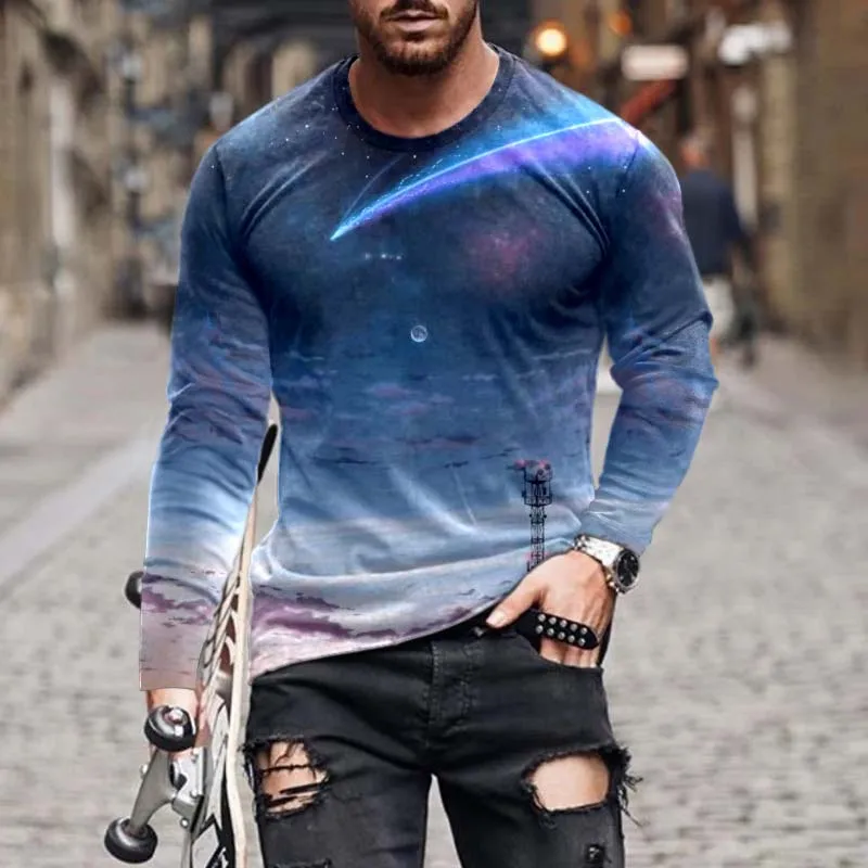 

Осень-лето 2021, футболка с длинным рукавом, новинка, Мужская Уличная Модная Тонкая футболка с 3d-цифровым принтом, рубашка, Топ