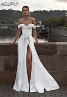 mqupin modern chic satin bridal wedding dress off shoulder sexy slit sweetheart bow belt 2022 fashion