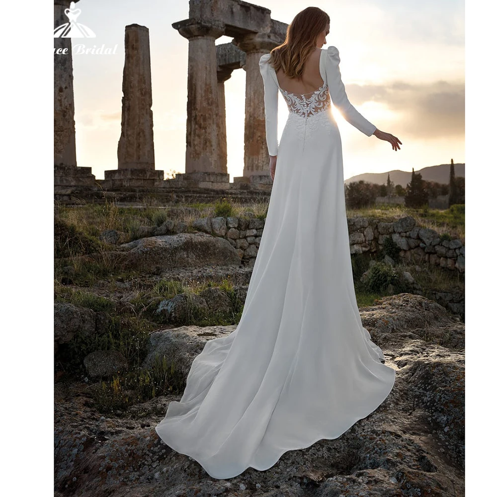 

Элегантное свадебное платье-футляр с вырезом лодочкой и пышными длинными рукавами, а-силуэт, 2022 искусственное кружевное платье с открытой с...