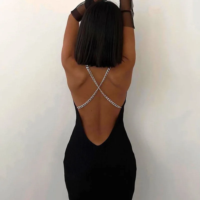 

Hot Selling 2022 Summer Ladies Solid Color Backless Sexy Cross-Chain Casual Evening Maxi Dress