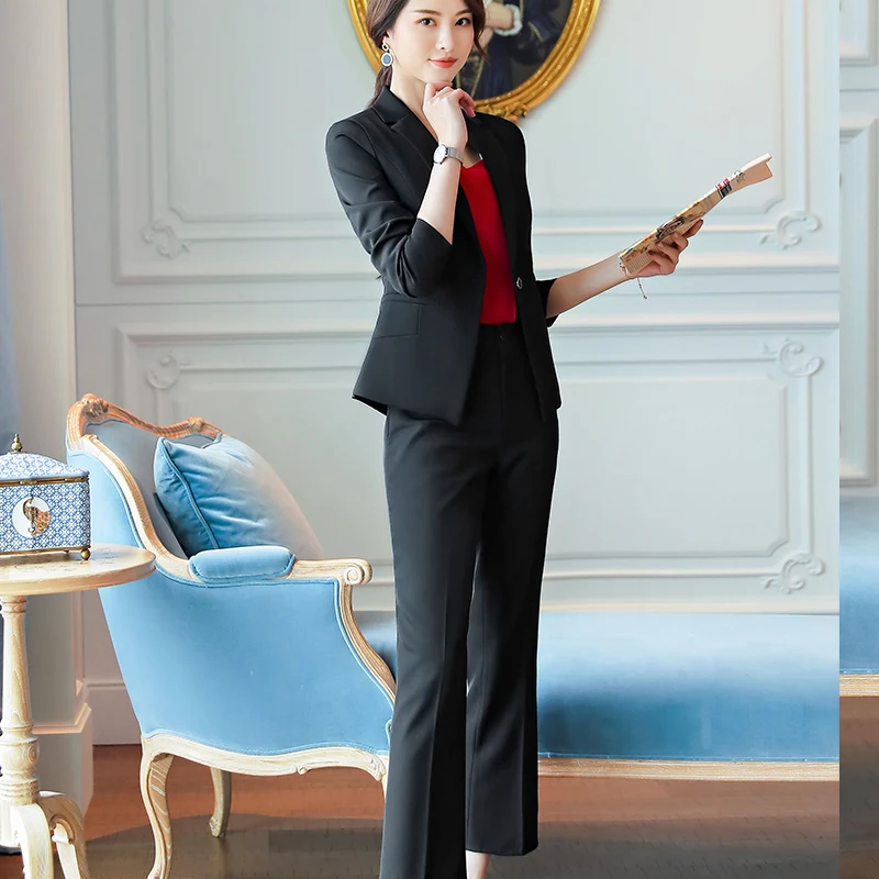 Женский деловой костюм Lenshin блейзер и штаны из гладкой ткани Офисная форма