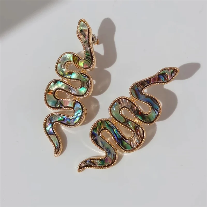 

HUANZHI 2022 Vintage Leather Abalone Shell Snake Shaped Stud Earrings Geometric Irregular For Women Girls Party Jewelry Gifts