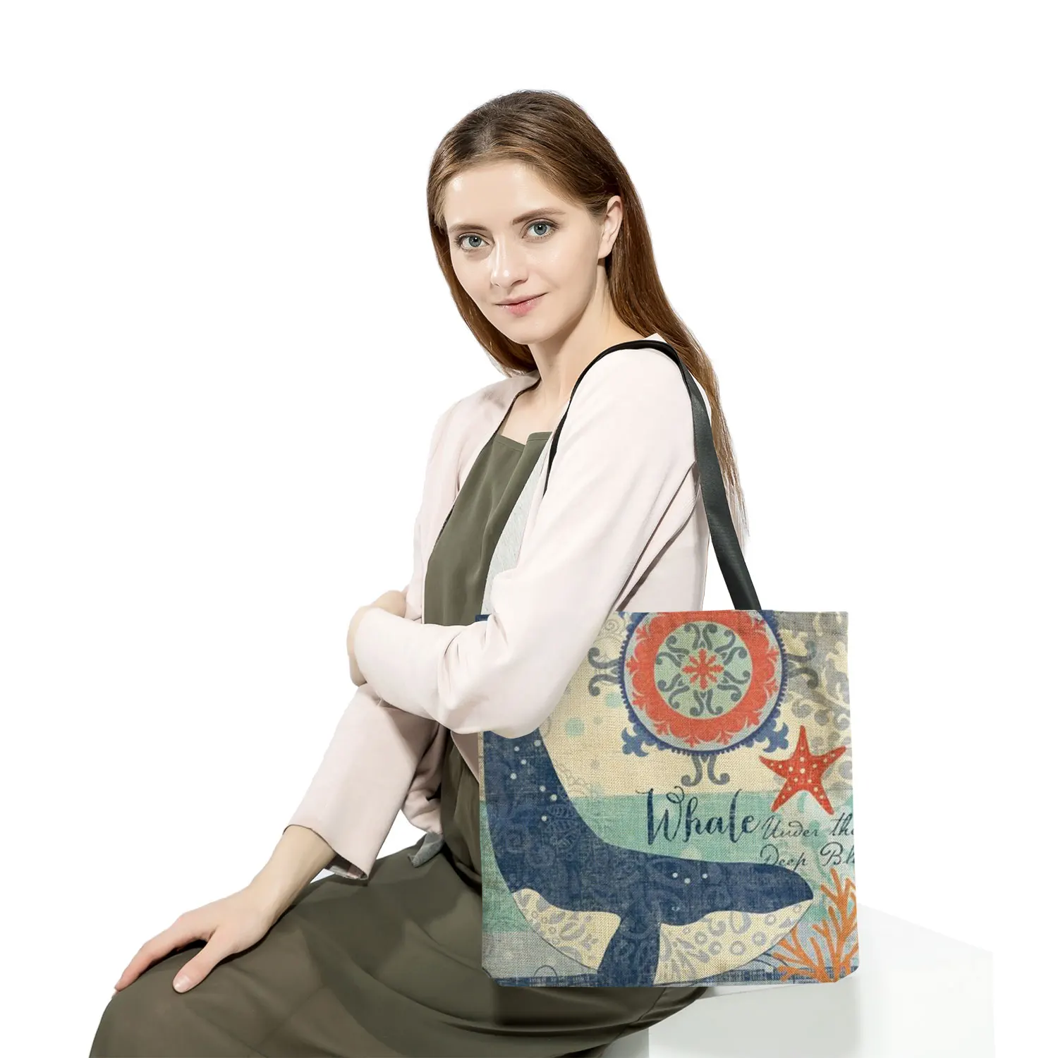 Casual Leisure Totes Bags Women Handbag Marine Animal Sea Turtle Horse Octopus Print Travel Shopping Shoulder Bag for Groceries