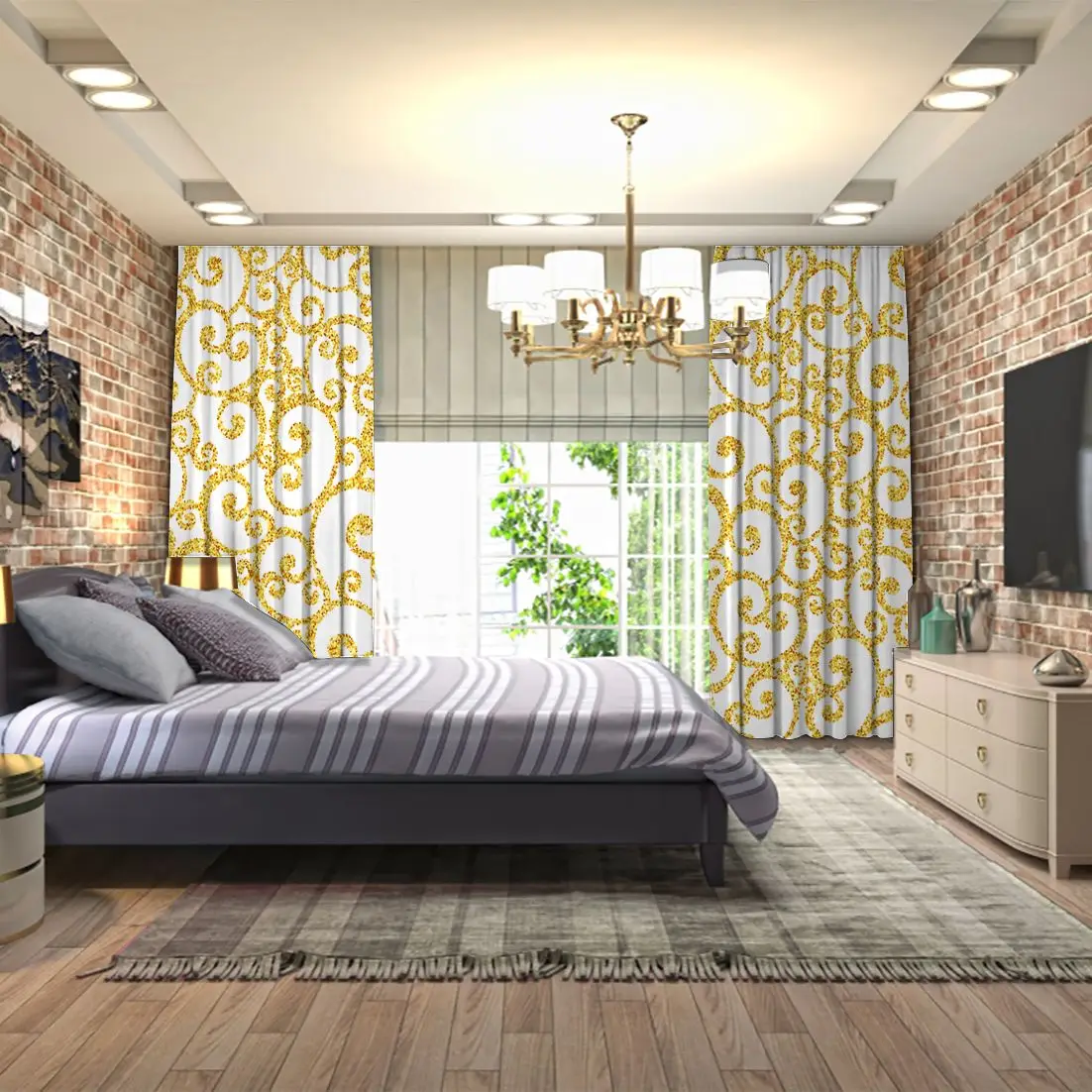 Занавес Золотой филигранный вихревой узор на белом фоне винтажное цветочное