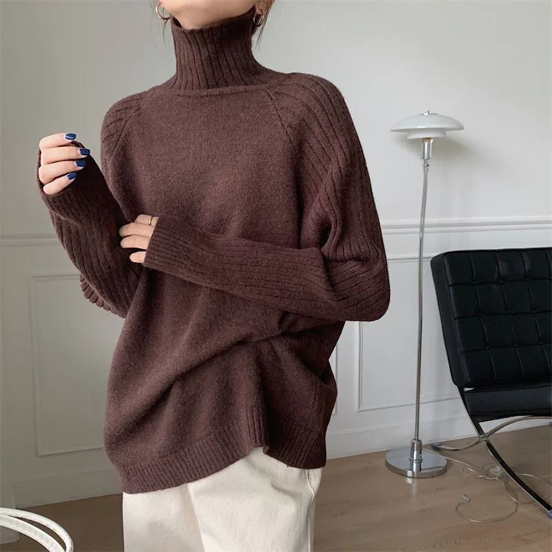 Женский кашемировый свитер-водолазка свободный плотный теплый вязаный пуловер в
