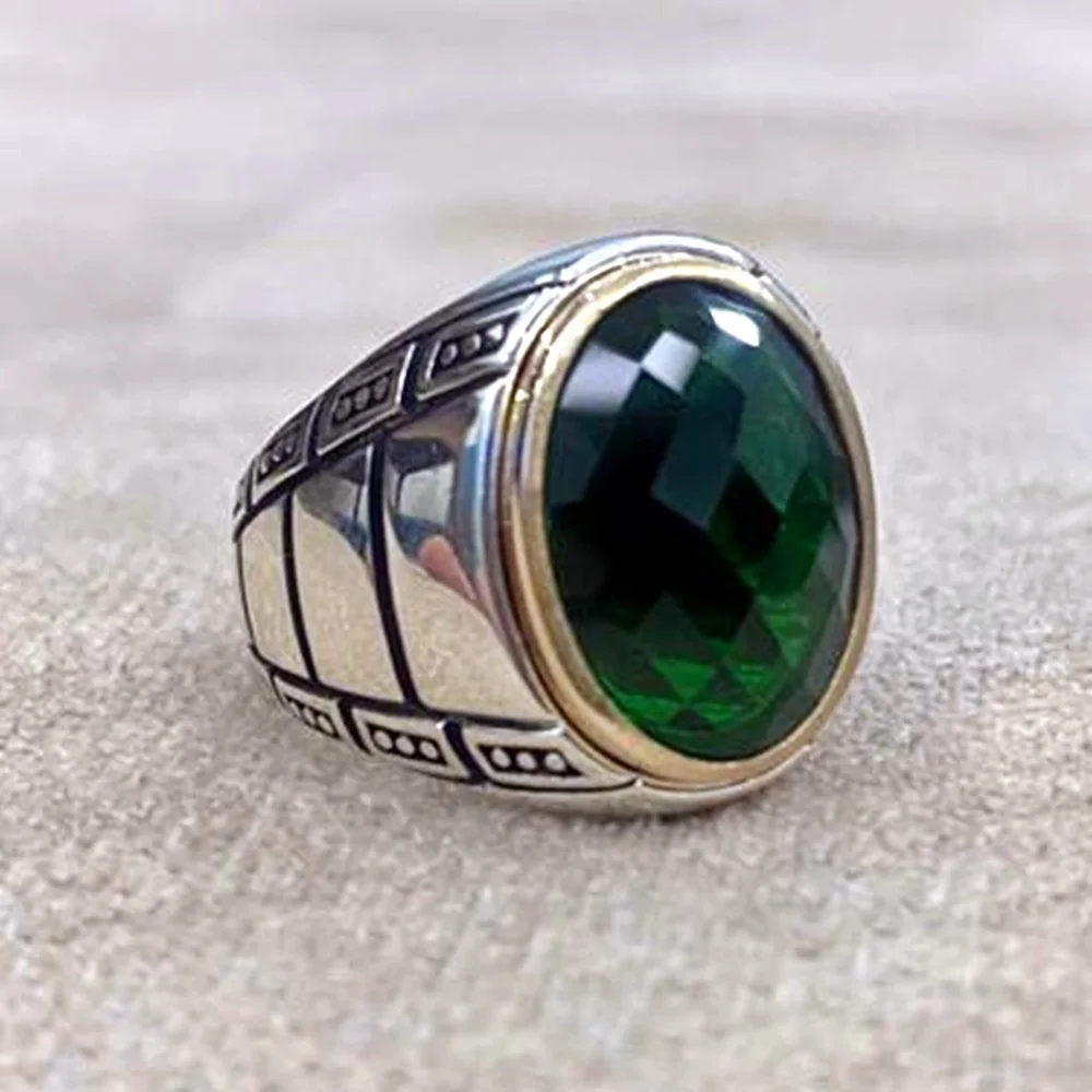

925 Sterling Silver Men's Ring Turkish Jewelry Green Zircon Stone All Size