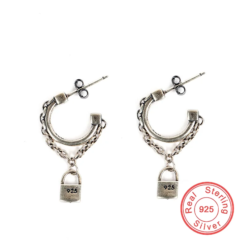 

High Quality Gothic Lock Tassel Chain Stud Earring For Men Womem Vintage Punk Cool Fashion Design Street Hip Hop Earring Jewelry