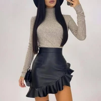 black solid women sexy pu leather ruffled hip skirt high waist shearh bodycon pencil skirt zipper fashion streetweat slim skirt