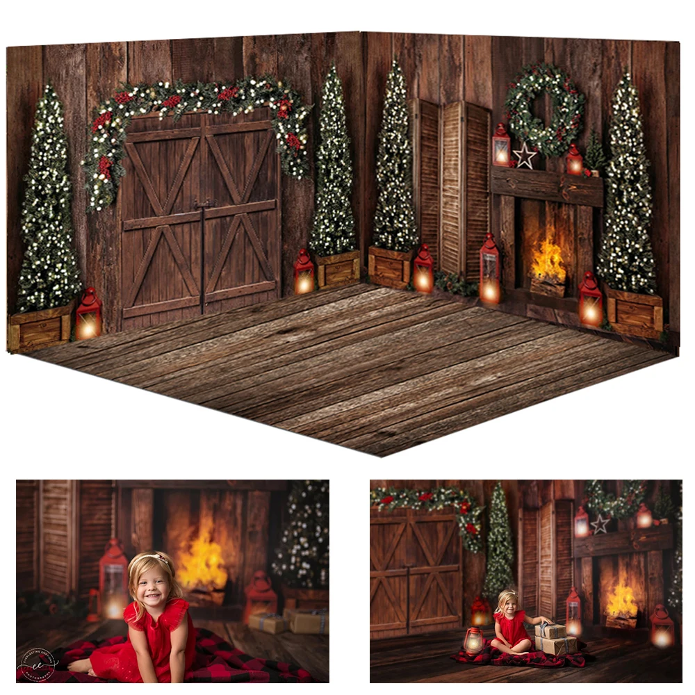 

Mocsicka Christmas Wood Door Backdrop Baby Child Portrait Photography Background Pine Tree Fireplace Wooden Photocall Backdrops