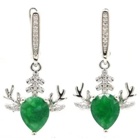 36x18mm shecrown antlers 4 8g real green emerald white cz women daily wear 925 sterling silver pendant earrings