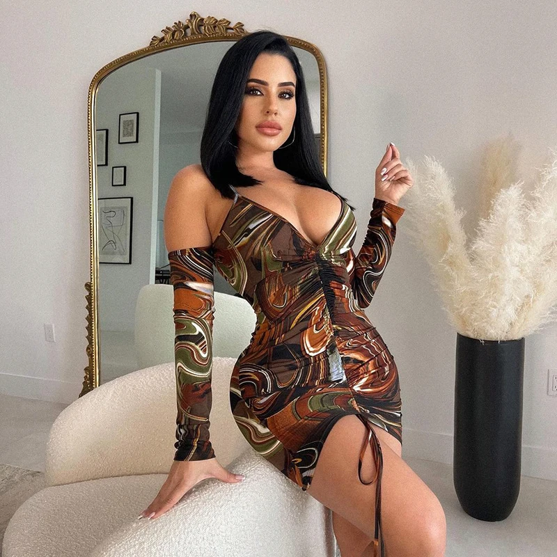 

New Printed Lace-Up Drawstring Wrap Dress Woman Off Shoulder Long Sleeve Sheath Dresses Retro Backless Robe Femme spaghetti wrap