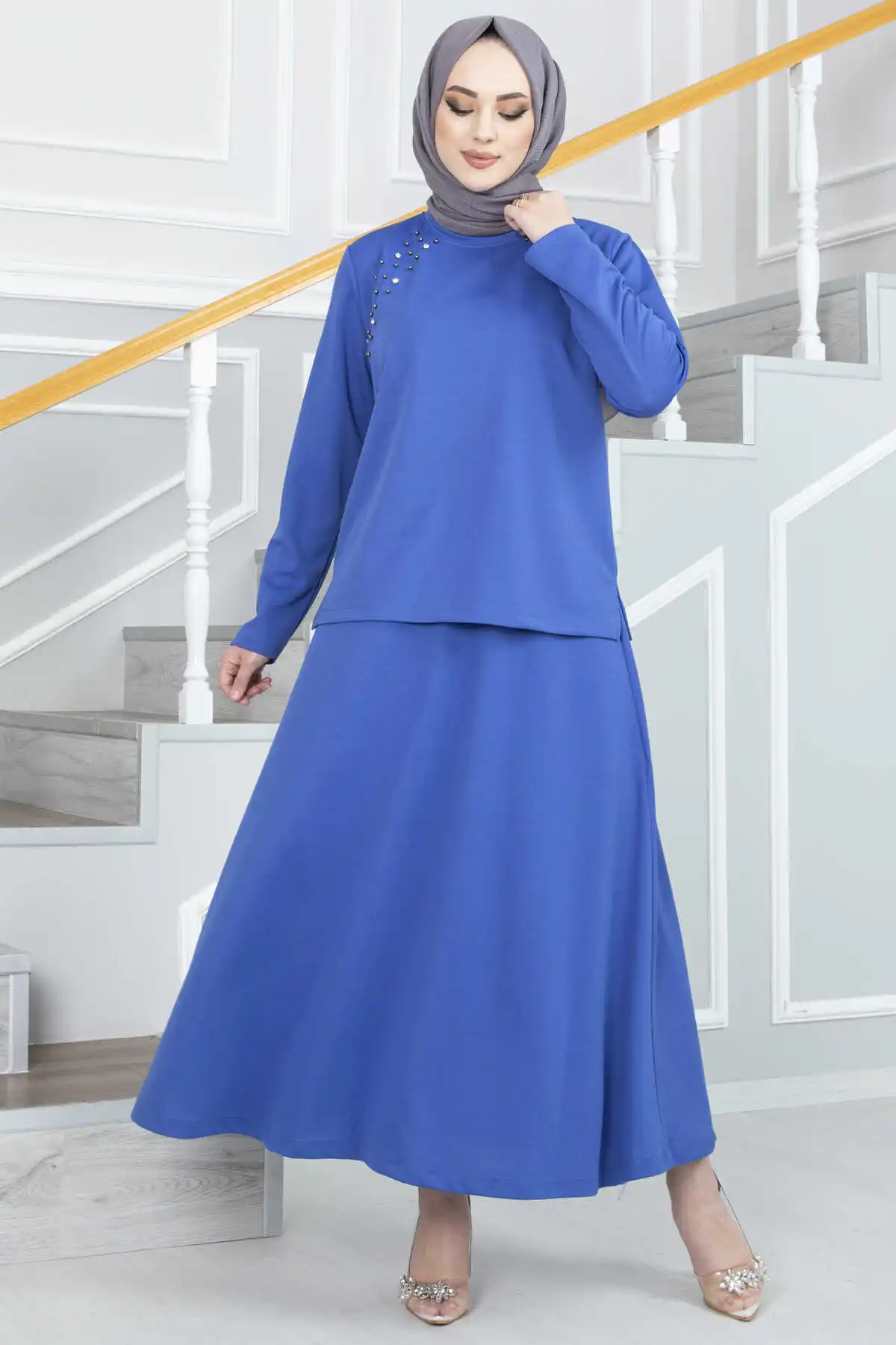 Stone Detailed Skirted Hijab Muslim Woman Set Two Pieces Jilbeb Arabic Dress Turkish Veiled Clothes Dubai Abayas Ramadan 2022