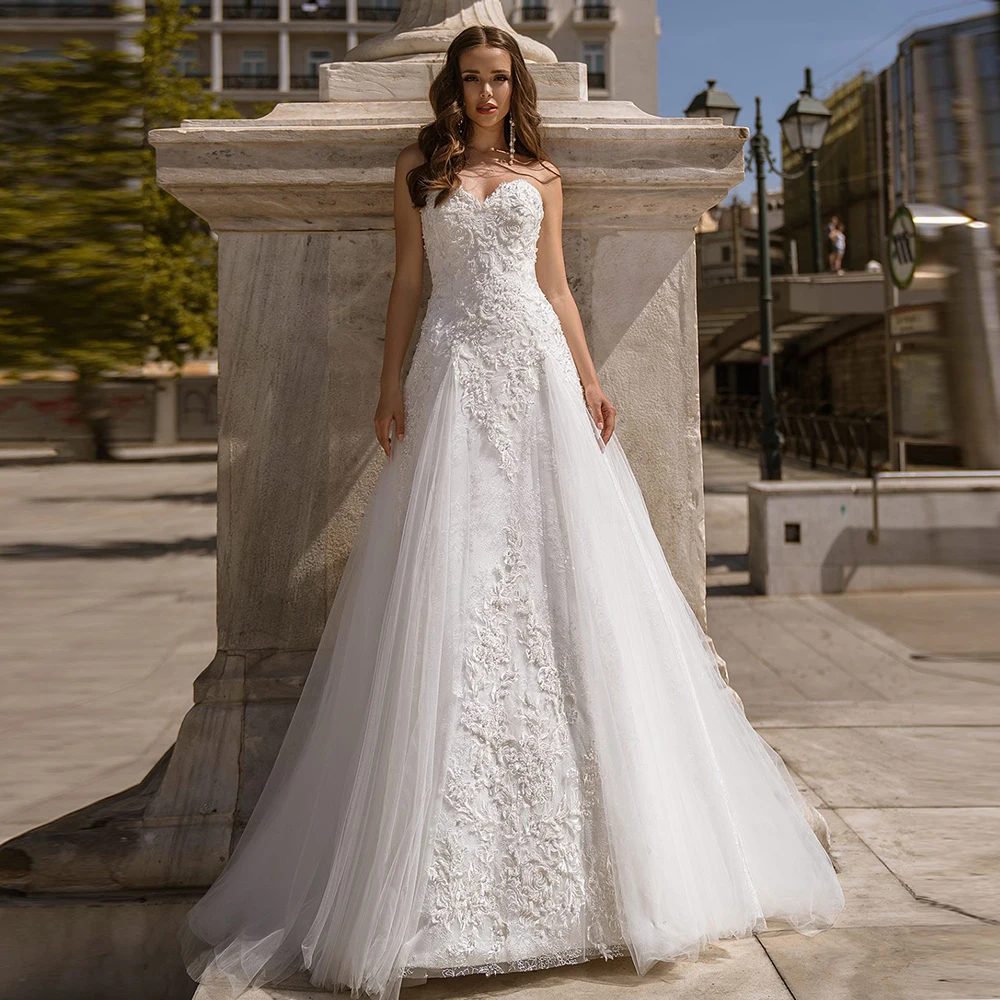 

Charming Tulle A-line Wedding Dresses with Train and Removable Sleeves 2021 Fashion Applique Lace-up Bridal Gowns