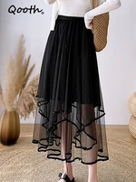 qooth 2022 spring new style irregular beaded mesh skirt mid length long large swing skirt qt1649