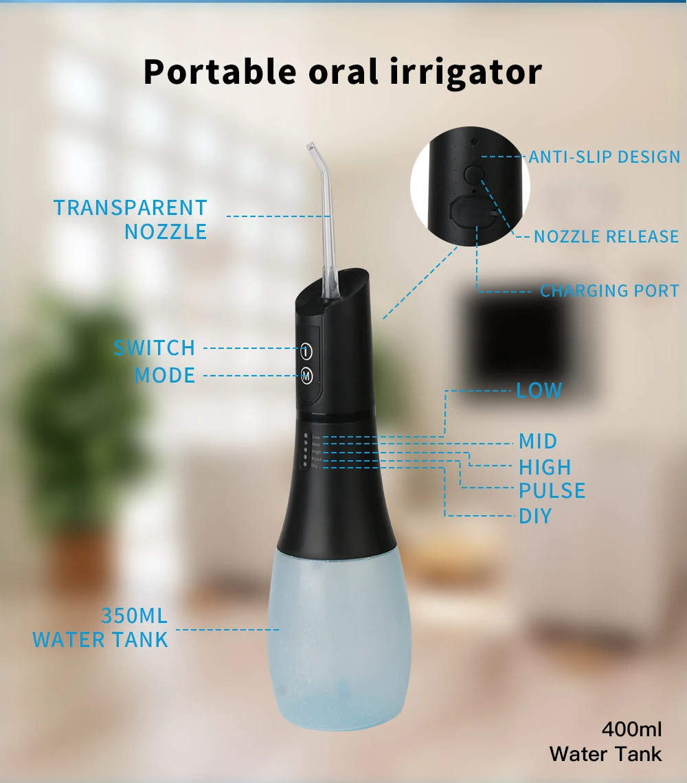 Oral Irrigator USB Rechargeable 5 Modes Water Floss Portable Dental Water Flosser Jet 400ml Irrigator Dental Teeth Cleaner