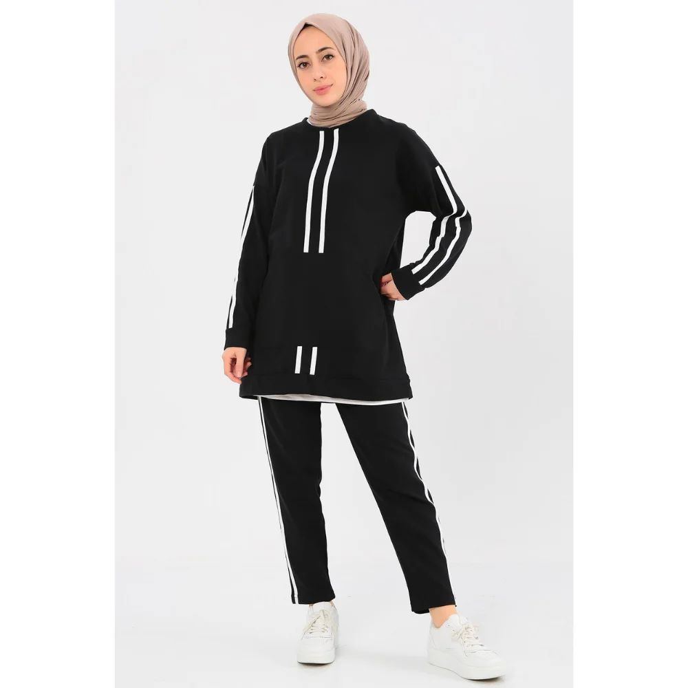 Kangaroo Pocket Striped Pants Suit Islamic Muslim  muslim dress women abaya kaftan modest dress abayas for women abaya turkey tu