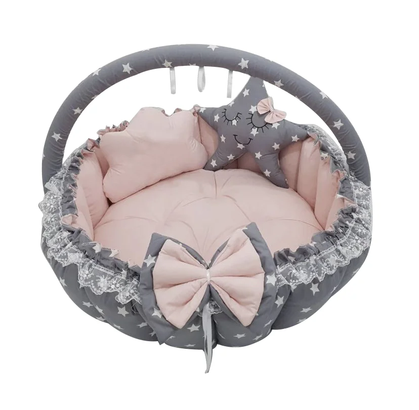 Jaju Baby Handmade Salmon and Gray Starry Design Luxury Play Mat Babynest 4 Piece Set Portable Baby Bedding Set Mother Side