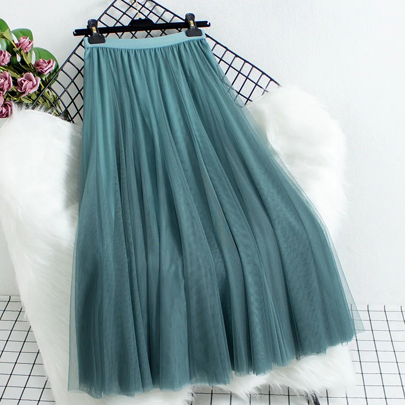 

Qooth весна-лето трапециевидная однотонная сетчатая газовая юбка с высокой талией Элегантные повседневные Длинные Юбки миди женская модная юбка QT1556