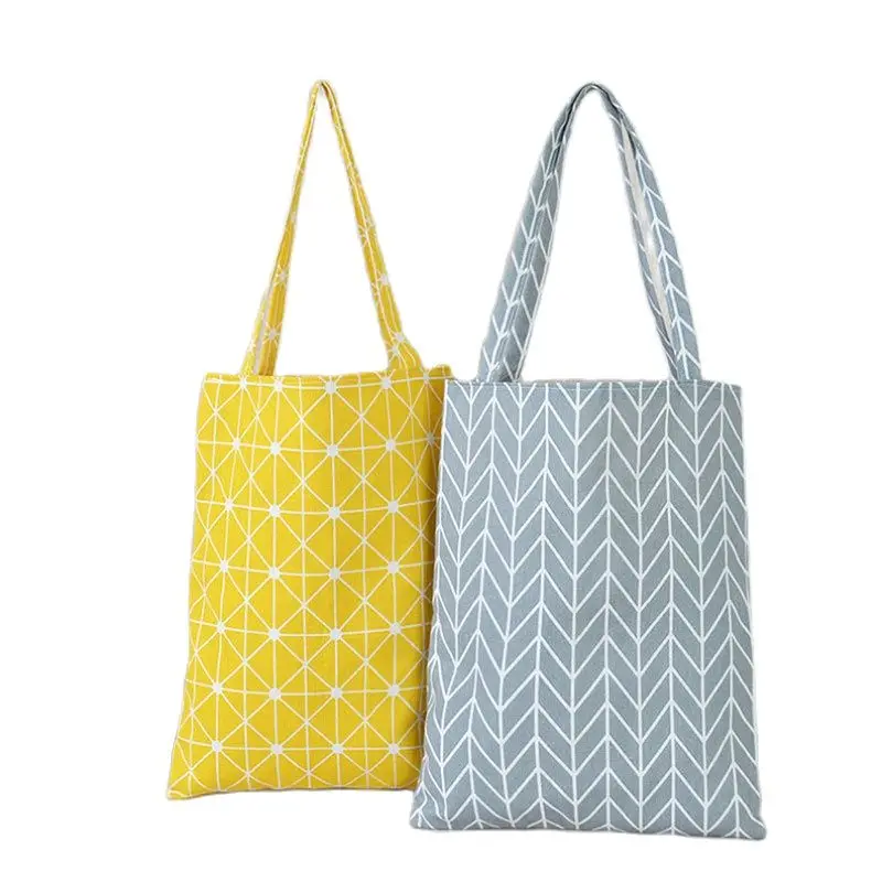 Women 5 Colors Shopper Bag Plaid Linen Cotton Canvas Shopping Shoulder Bags Eco-friendly Folding Portable Grocery Tote Bags