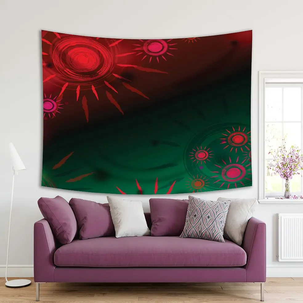 

Tapestry Sky and Suns over Gradient Tribal Style Old Painting Fun Decorative Artwork Printed Green Red Pink