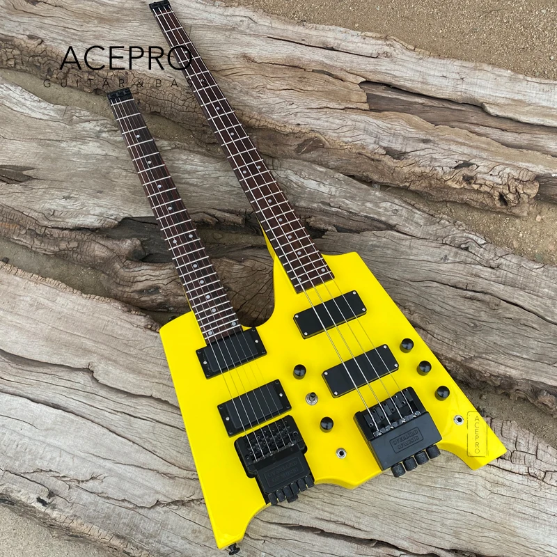 

Neon Yellow Double Neck Headless Electric Guitar Tremolo Bridge 6 String Guitar + 4 String Bass Combo 24 Frets Black Hardware