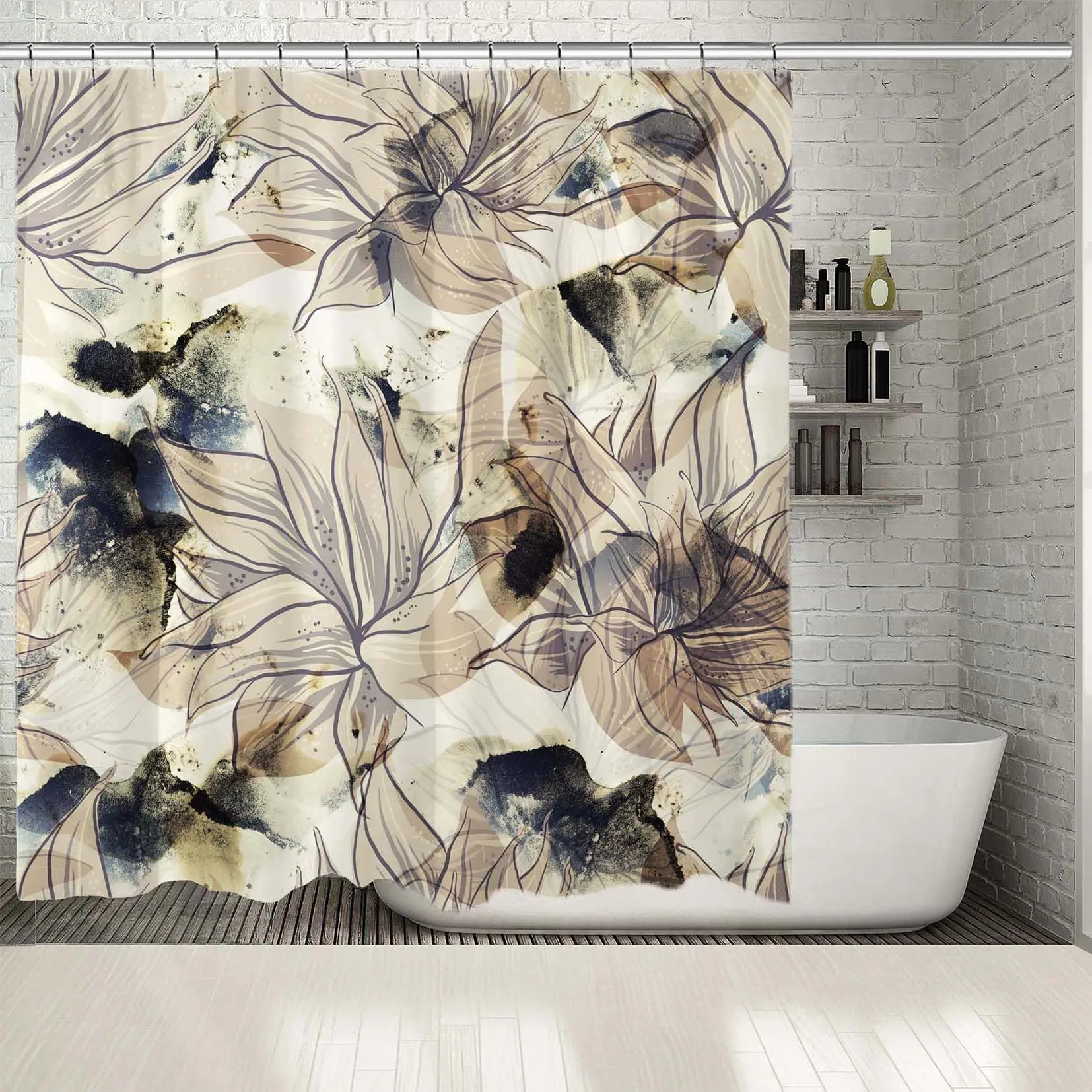 

Shower Curtain Flowers Pattern in Monochromic Oriental Asian Style Artwork Printed Beige Black