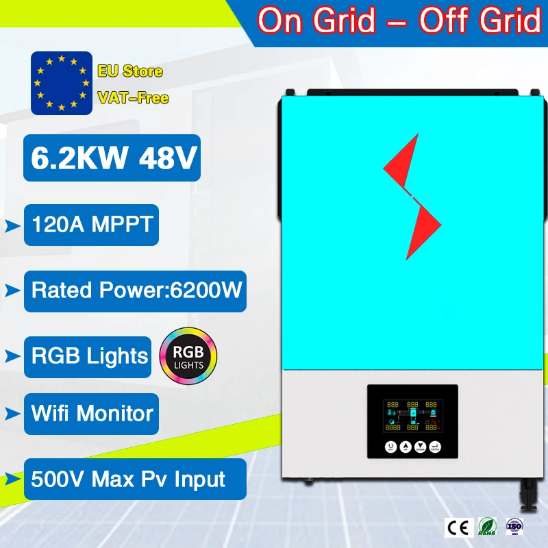6200W 48V on/off grid solar inverter Built-in 120A solar controller RGB Lingthing,90-500vdc PV input Work without battery Wifi m