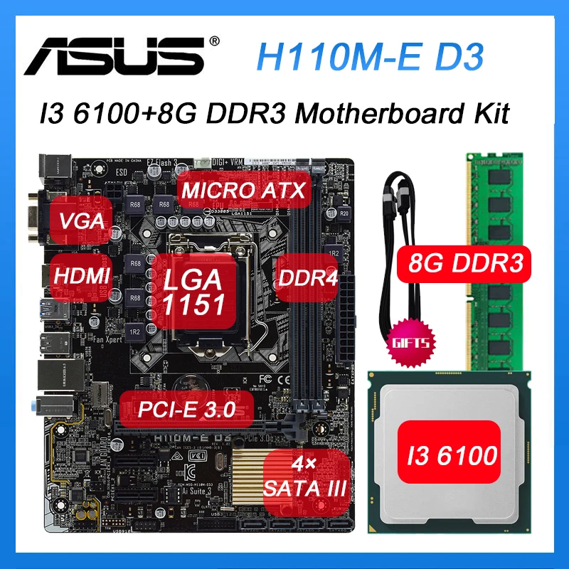 

Asus H110M-E D3 LGA 1151 Motherboard set with I3 6100 cpus and DDR3 DIMM 8G Intel H110 Motherboard kit PCI-E 3.0 SATA 3 USB3.0