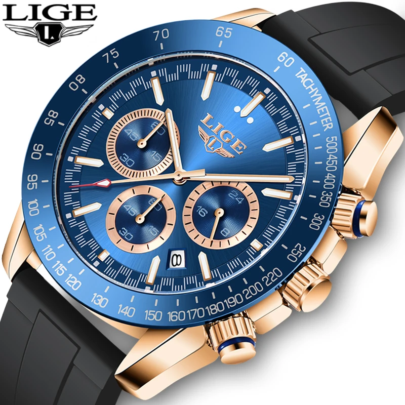 

LIGE 2021 New Pilot Mens Watches Fashion Waterproof Silicone Quartz Gold Watch Men Top Brand Luxury Sport Wristwatch 24 hour+Box