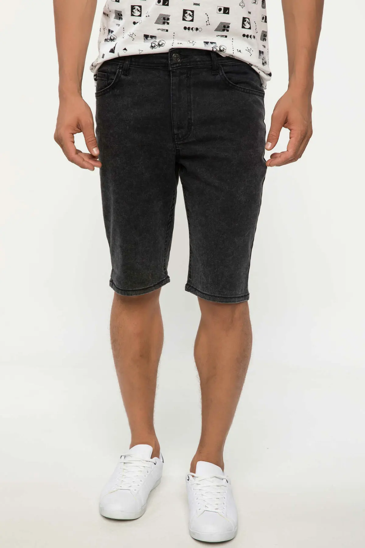 Дефакто мужские повседневные Прямые черные джинсовые шорты Чистый Цвет Средняя