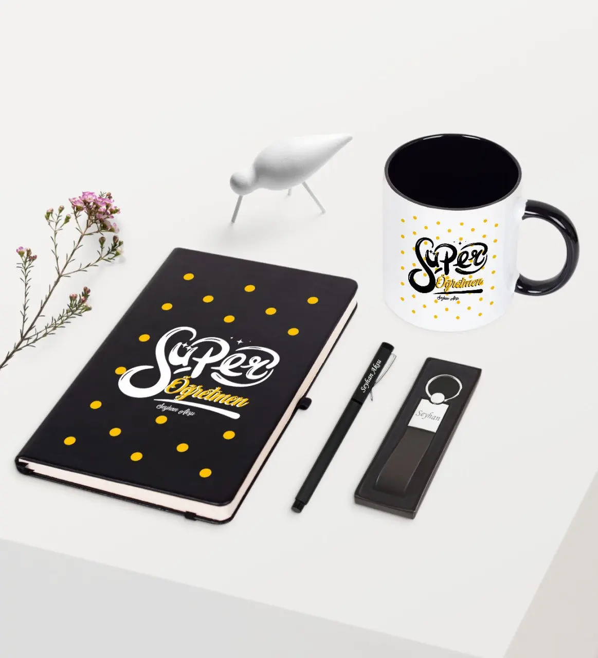 

Personalized Super Teacher Themed Black Notebook Pen Keychain Mug Set-1