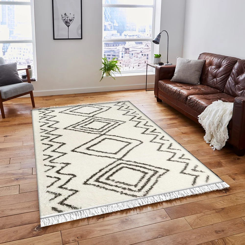 

Else Cream White Tiles Geometric Turkish Vintage Retro 3d Print Anti Slip Kilim Washable Decorative Area Rug Bohemian Carpet